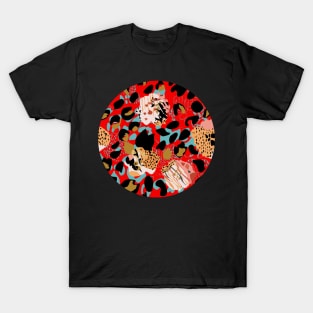 Modern abstract rose and leopard texture red T-Shirt